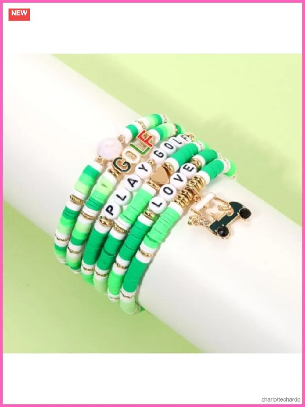 Golf Themed Heishi Clay Beaded Stretch Bracelet Stackable Set Women Accessories